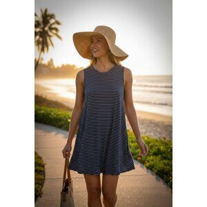 See You Monday Navy Blue & White Striped Sleeveless Trapeze Swing Dress